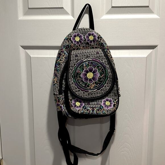 Floral Embroided Backpack Boho Bohemian Black Purple Mexican main image 9